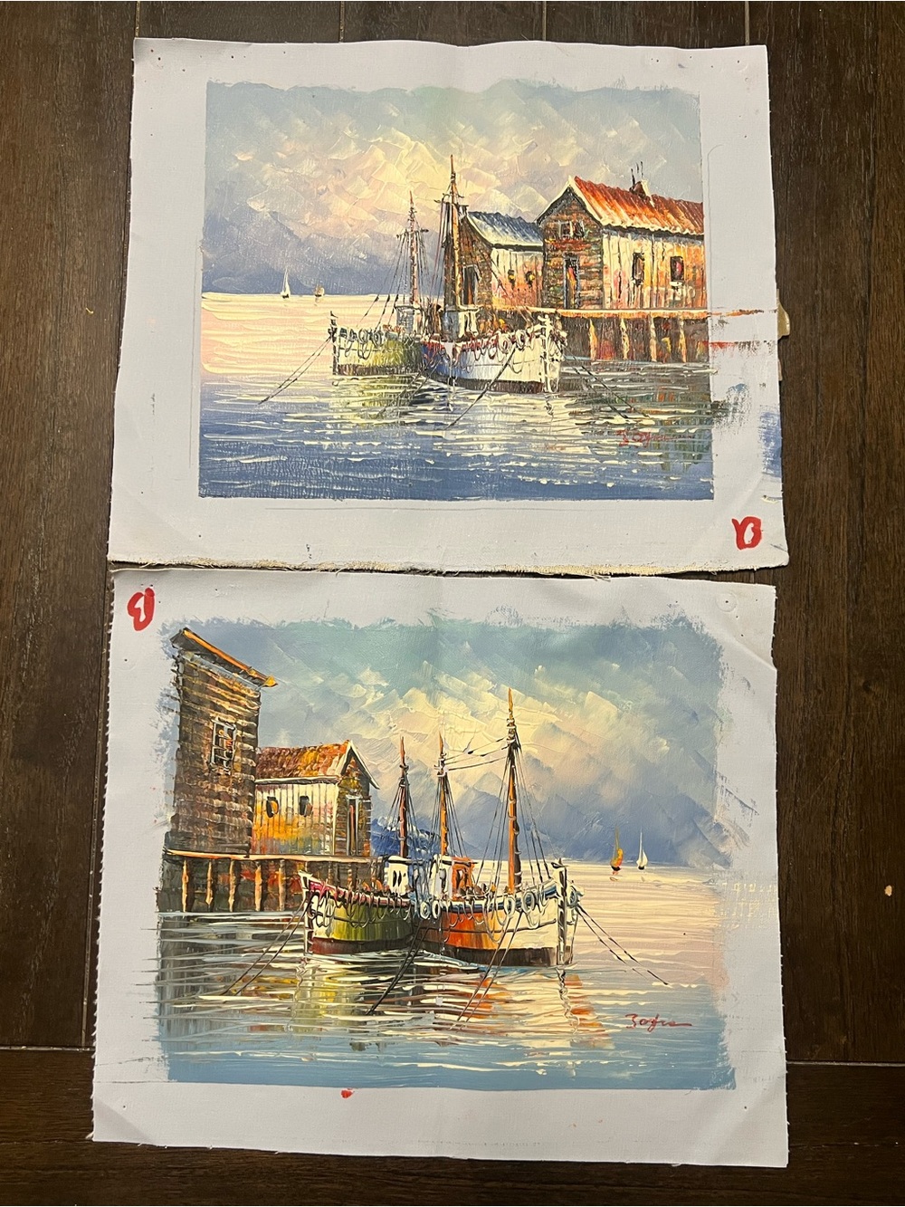 Sofia hand painted oil canvas art set of 2 nautical harbor dock boat impasto